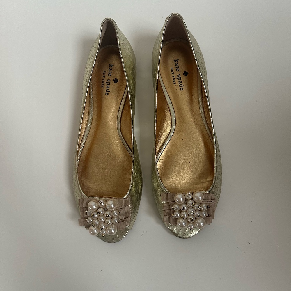 Kate Spade Ollie Metallic Leather Peep Toe Pearl Embellished Ballet Flats